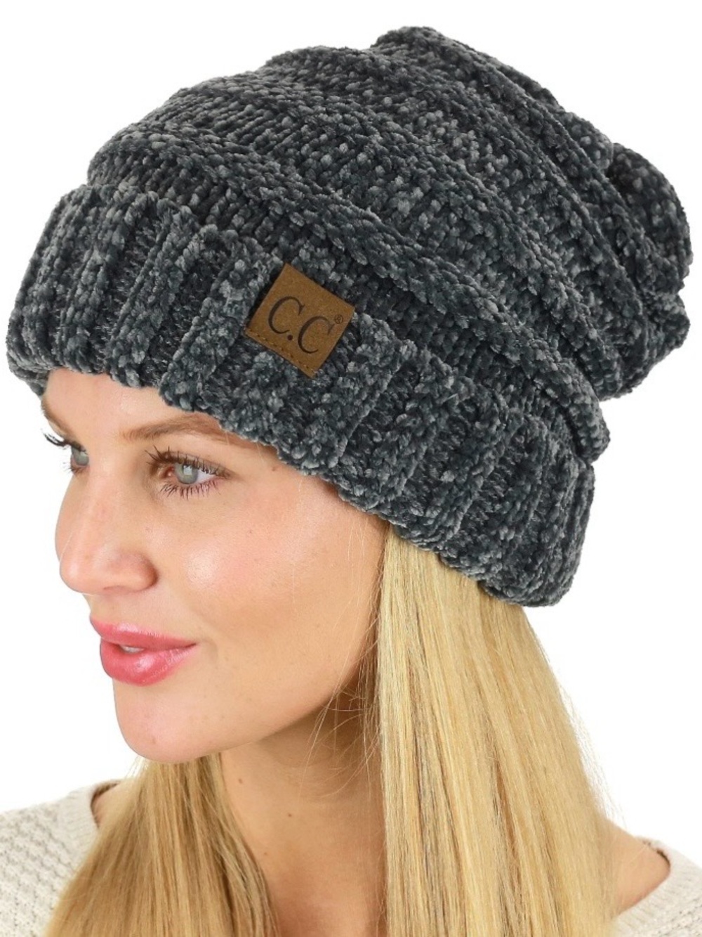 CC Beanie Womens Messy Bun Ponytail Knit Hat Dark Melange Gray One Size